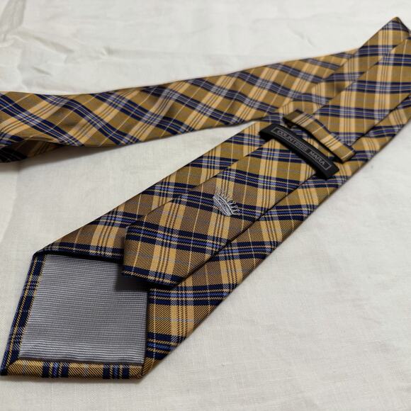 Countess Mara Silk Plaid Tie – Gold & Navy with Crown Crest - Picture 9 of 10
